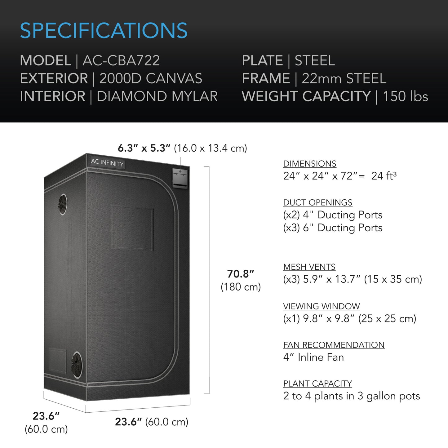 CLOUDLAB 722 Advanced Indoor Grow Tent with 2000D Canvas, Steel Frame, and Light-Proof Design for Year-Round Plant Cultivation, 24" x 24" x 72"