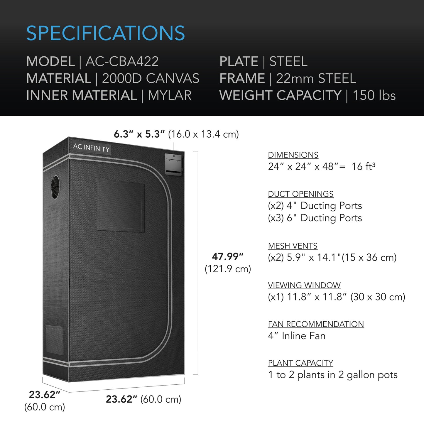 CLOUDLAB 422 Advanced Indoor Grow Tent with 2000D Canvas, Steel Frame, and Light-Proof Design for Year-Round Plant Cultivation, 24” x 24” x 48
