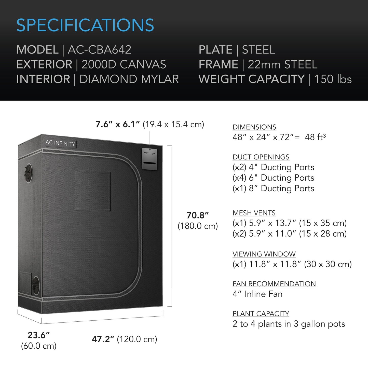 CLOUDLAB 642, Advance Grow Tent 4x2, Thickest 1 In. Poles, Highest Density 2000D Diamond Mylar Canvas, 48" x 24" x 72